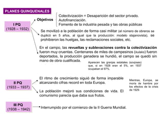 Colectivización = Desaparición del sector privado.
Autofinanciación.
Fomento de la industria pesada y las obras públicas
Objetivos
Se movilizó a la población de forma casi militar (el número de obreros se
duplicó en 5 años, al igual que la producción: modelo stajanovista), se
prohibieron las huelgas, las reclamaciones sociales, etc.
En el campo, las revueltas y sublevaciones contra la colectivización
fueron muy cruentas. Centenares de miles de campesinos (kulaks) fueron
deportados, la producción ganadera se hundió, el campo se quedó sin
mano de obra cualificada.
El ritmo de crecimiento siguió de forma imparable
alcanzando cifras record en toda Europa.
La población mejoró sus condiciones de vida. El
comunismo parecía que daba sus frutos.
Mientras, Europa, se
moría de hambre por
los efectos de la crisis
de 1929.
III PQ
(1938 – 1942)
III PQ
(1938 – 1942) Interrumpido por el comienzo de la II Guerra Mundial.
Aparecen las granjas estatales (sovjoses)
que, si en 1928 eran el 5%, en 1937
ocupaban el 97%.
PLANES QUINQUENALESPLANES QUINQUENALES
I PQ
(1928 – 1932)
I PQ
(1928 – 1932)
II PQ
(1933 – 1937)
II PQ
(1933 – 1937)
 