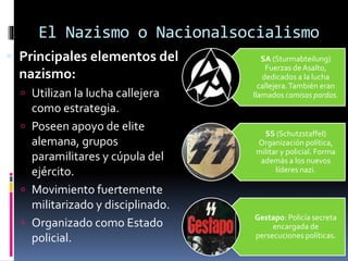 El Nazismo o Nacionalsocialismo
 Principales elementos del
nazismo:
 Utilizan la lucha callejera
como estrategia.
 Poseen apoyo de elite
alemana, grupos
paramilitares y cúpula del
ejército.
 Movimiento fuertemente
militarizado y disciplinado.
 Organizado como Estado
policial.
SA (Sturmabteilung)
Fuerzas deAsalto,
dedicados a la lucha
callejera.También eran
llamados camisas pardas.
SS (Schutzstaffel)
Organización política,
militar y policial. Forma
además a los nuevos
líderes nazi.
Gestapo: Policía secreta
encargada de
persecuciones políticas.
 