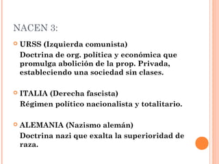 NACEN 3:
 URSS (Izquierda comunista)
Doctrina de org. política y económica que
promulga abolición de la prop. Privada,
estableciendo una sociedad sin clases.
 ITALIA (Derecha fascista)
Régimen político nacionalista y totalitario.
 ALEMANIA (Nazismo alemán)
Doctrina nazi que exalta la superioridad de
raza.
 