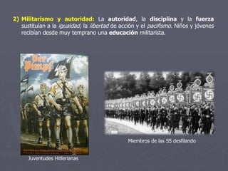 2) Militarismo y autoridad: La autoridad, la disciplina y la fuerza
sustituían a la igualdad, la libertad de acción y el pacifismo. Niños y jóvenes
recibían desde muy temprano una educación militarista.
Juventudes Hitlerianas
Miembros de las SS desfilando
 