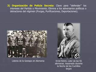 3) Organización de Policía Secreta: Clave para “defender” los
intereses del Partido o Movimiento. Elimina a los adversarios políticos o
detractores del régimen (Purgas, Purificaciones, Deportaciones).
Líderes de la Gestapo en Alemania Ernst Rohm, Lider de las SS
alemanas. Asesinado durante
la Noche de los Cuchillos
largos
 
