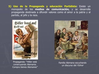5) Uso de la Propaganda y educación Partidista: Existe un
monopolio de los medios de comunicación, y se desarrolla
propaganda destinada a difundir valores como el amor a la patria y al
partido, al jefe y la raza.
Propaganda: “Hitler está
construyendo Alemania.
Compra bienes Alemanes”
Familia Alemana escuchando
un discurso del Führer
 
