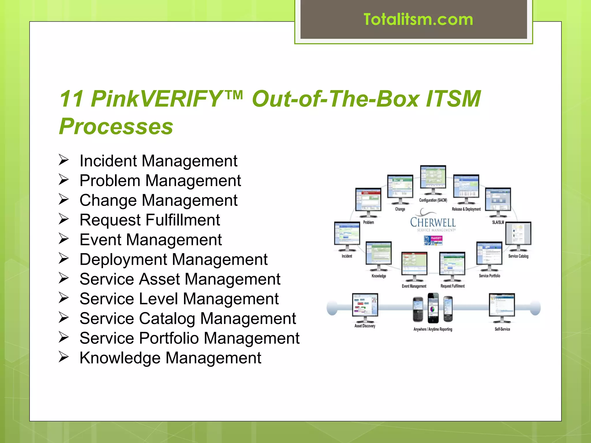 Totalitsm.com



11 PinkVERIFY™ Out-of-The-Box ITSM
Processes
   Incident Management
   Problem Management
   Change Management
   Request Fulfillment
   Event Management
   Deployment Management
   Service Asset Management
   Service Level Management
   Service Catalog Management
   Service Portfolio Management
   Knowledge Management
 