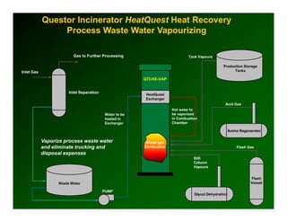 Questor Incinerator HeatQuest Heat Recovery
                 Process Waste Water Vapourizing

                         Gas to Further Processing                           Tank Vapours

                                                                                               Production Storage
Inlet Gas                                                                                            Tanks

                                                        QTI-HX-VAP


                       Inlet Separation
                                                         HeatQuest
                                                         Exchanger
                                                                                                Acid Gas
                                                                     Hot water to
                                          Water to be                be vaporized
                                          heated in                  in Combustion
                                          Exchanger
                                                 g                   Chamber

                                                                                                     Amine Regenerator

            Vaporize process waste water                 Waste gas
            and eliminate trucking and                  Combustion                                       Flash Gas
            disposal expenses
                                                                                Still
                                                                                Column
                                                                                Vapours


                                                                                                                Flash
                  Waste Water                                                                                   Vessel

                                          PUMP
                                                                                Glycol Dehydration
 
