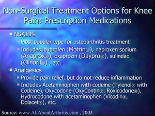 Non-Surgical Treatment Options for Knee Pain: Prescription Medications NSAIDS  Most popular type for osteoarthritis treatment Includes ibuprofen ( Motrin ® ),  naproxen sodium ( Anaprox ® ) , oxaprozin  (Daypro ® ) , sulindac  (Clinoril ® )  , etc.  Analgesics   Provide pain relief, but do not reduce inflammation Includes Acetaminophen with codeine (Tylenol ®  with Codeine), Oxycodone (OxyContin ® , Roxicodone ® ), Hydrocodone with acetaminophen (Vicodin ® , Dolacet ® ), etc.   Source:  www.AllAboutArthritis.com  , 2003 