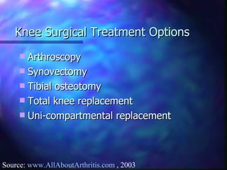 Knee Surgical Treatment Options Arthroscopy Synovectomy Tibial osteotomy Total knee replacement  Uni-compartmental replacement Source:  www.AllAboutArthritis.com  , 2003 