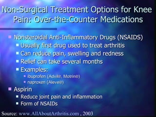 Non-Surgical Treatment Options for Knee  Pain: Over-the-Counter Medications Nonsteroidal Anti-Inflammatory Drugs (NSAIDS) Usually first drug used to treat arthritis Can reduce pain, swelling and redness Relief can take several months Examples: ibuprofen ( Advil ® , Motrin ® ) naproxen ( Aleve ® ) Aspirin Reduce joint pain and inflammation Form of NSAIDs Source:  www.AllAboutArthritis.com  , 2003 