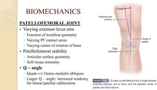BIOMECHANICS
PATELLOFEMORAL JOINT
 Varying extensor lever arm
◦ Function of trochlear geometry
◦ Varying PF contact areas
◦ Varying center of rotation of knee
 Patellofemoral stability
◦ Articular surface geometry
◦ Soft tissue restraints
 Q – angle
◦ Quads v/s Vastus medialis obliquus
◦ Larger Q – angle: increased tendency
for lateral patellar subluxation
 