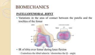 BIOMECHANICS
PATELLOFEMORAL JOINT
 Variations in the area of contact between the patella and the
trochlea of the femur
 IR of tibia over femur during knee flexion
◦ Centralizes the tibial tubercle / diminishes the Q – angle
 