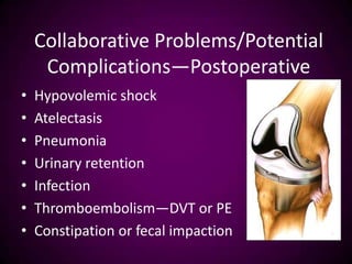 Collaborative Problems/Potential
Complications—Postoperative
• Hypovolemic shock
• Atelectasis
• Pneumonia
• Urinary retention
• Infection
• Thromboembolism—DVT or PE
• Constipation or fecal impaction
 