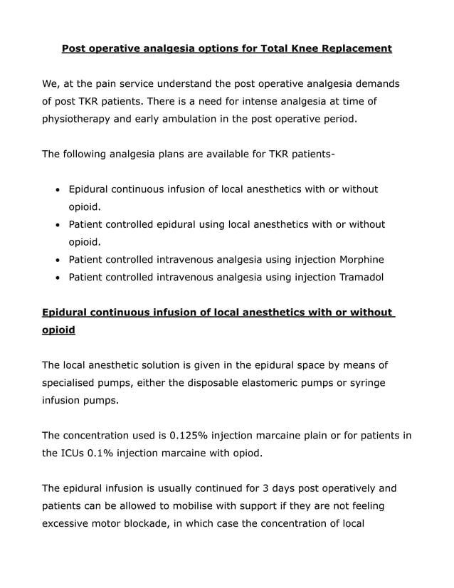 Total knee replacement post op pain control protocol for surgeons Al