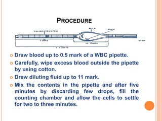 PROCEDURE
 Draw blood up to 0.5 mark of a WBC pipette.
 Carefully, wipe excess blood outside the pipette
by using cotton.
 Draw diluting fluid up to 11 mark.
 Mix the contents in the pipette and after five
minutes by discarding few drops, fill the
counting chamber and allow the cells to settle
for two to three minutes.
 