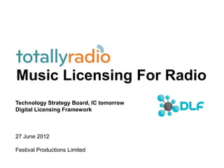 Music Licensing For Radio
Technology Strategy Board, IC tomorrow
Digital Licensing Framework

27 June 2012

Festival Productions Limited

 