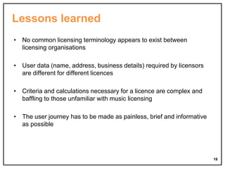 Lessons learned
• No common licensing terminology appears to exist between
licensing organisations
• User data (name, addr...