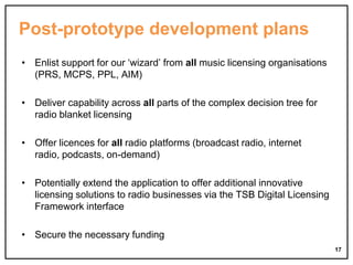 Post-prototype development plans
• Enlist support for our ‘wizard’ from all music licensing organisations
(PRS, MCPS, PPL,...