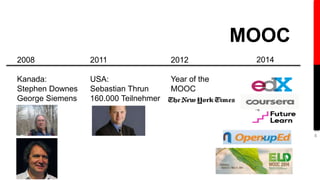 2008 
Kanada: 
Stephen Downes 
George Siemens 
2011 
USA: 
Sebastian Thrun 
160.000 Teilnehmer 
2012 
Year of the 
MOOC 
MOOC 
2014 
4 
 