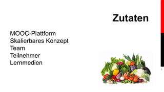 MOOC-Plattform 
Skalierbares Konzept 
Team 
Teilnehmer 
Lernmedien 
6 
Zutaten 
 