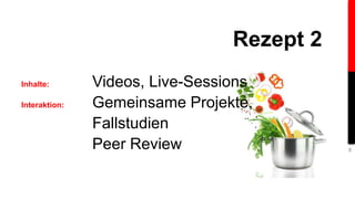 Inhalte: Videos, Live-Sessions 
Interaktion: Gemeinsame Projekte, 
Fallstudien 
Peer Review 
Rezept 2 
8 
 