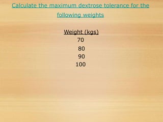 Calculate the maximum dextrose tolerance for the
following weights
Weight (kgs)
70
80
90
100
 