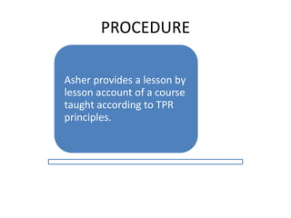 PROCEDURE
Asher provides a lesson by
lesson account of a course
taught according to TPR
principles.
 