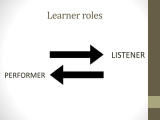 Learner roles
LISTENER
PERFORMER
 