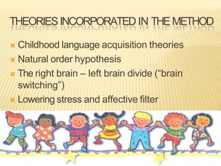 THEORIESINCORPORATED IN THEMETHOD
 Childhood language acquisition theories
 Natural order hypothesis
 The right brain – left brain divide (“brain
switching”)
 Lowering stress and affective filter
 