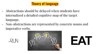 Theory of language
- Abstractions should be delayed when students have
internalized a detailed cognitive map of the target
language.
- Non-abstractions are represented by concrete nouns and
imperative verbs.
 
