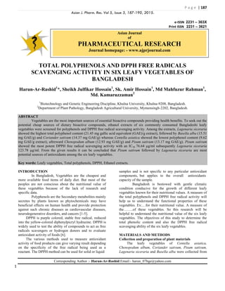 P a g e | 187
Asian J. Pharm. Res. Vol 5, Issue 3, 187-190, 2015.
e-ISSN 2231 – 363X
Print ISSN 2231 – 3621
TOTAL POLYPHENOLS AND DPPH FREE RADICALS
SCAVENGING ACTIVITY IN SIX LEAFY VEGETABLES OF
BANGLADESH
Harun-Ar-Rashid1
*, Sheikh Julfikar Hossain1
, Sk. Amir Hossain1
, Md Mahfuzur Rahman1
,
Md. Kamaruzzaman2
1
Biotechnology and Genetic Engineering Discipline, Khulna University, Khulna-9208, Bangladesh.
2
Department of Plant Pathology, Bangladesh Agricultural University, Mymensingh-2202, Bangladesh.
ABSTRACT
Vegetables are the most important sources of essential bioactive compounds providing health benefits. To seek out the
potential cheap sources of dietary bioactive compounds, ethanol extracts of six commonly consumed Bangladeshi leafy
vegetables were screened for polyphenols and DPPH free radical scavenging activity. Among the extracts, Lagenaria siceraria
showed the highest total polyphenol content (21.45 mg gallic acid equivalent (GAE)/g extract), followed by Basella alba (15.51
mg GAE/g) and Coriander sativum (14.37 mg GAE/g) whereas Centella asiatica showed the lowest polyphenol content (9.62
mg GAE/g extract), aftreward Chenopodum album (12.93 mg GAE/g) and Pisum sativum (13.17 mg GAE/g). Pisum sativum
showed the most potent DPPH free radical scavenging activity with an IC50 76.64 µg/ml subsequently Lagenaria siceraria
123.78 µg/ml. From the given results it can be concluded that Pisum sativum followed by Lagenaria siceraria are most
potential sources of antioxidants among the six leafy vegetables.
Key words: Leafy vegetables, Total polyphenols, DPPH, Ethanol extracts.
INTRODUCTION
In Bangladesh, Vegetables are the cheapest and
more available food items of daily diet. But most of the
peoples are not conscious about the nutritional value of
these vegetables because of the lack of research and
specific data.
Polyphenols are the Secondary metabolites mainly
secretes by plants known as phytochemicals may have
beneficial effects on human health and provide protection
against such chronic diseases as cardiovascular diseases,
neurodegenerative disorders, and cancers [1-5].
DPPH is purple colored, stable free radical, reduced
into the yellow-colored diphenylpicryl hydrazine. DPPH is
widely used to test the ability of compounds to act as free
radicals scavengers or hydrogen donors and to evaluate
antioxidant activity of foods [6].
The various methods used to measure antioxidant
activity of food products can give varying result depending
on the specificity of the free radical being used as a
reactant. The DPPH method can be used for solid or liquid
samples and is not specific to any particular antioxidant
components, but applies to the overall antioxidants
capacity of the sample.
Bangladesh is bestowed with gentle climatic
condition conducive for the growth of different leafy
vegetables known for their nutritional values. A measure of
the total polyphenols and DPPH free radical activity will
help us to understand the functional properties of these
vegetables. Ex:…for their nutritional value. A measure of
the……..of these vegetables. So this research will be
helpful to understand the nutritional value of the six leafy
vegetables. The objectives of this study to determine the
total phenolic content and also the DPPH free radical
scavenging ability of the six leafy vegetables.
MATERIALS AND METHODS
Collection and preparation of plant materials
The leafy vegetables of Centella asiatica,
Chenopodum album, Coriander sativum, Pisum sativum,
Lagenaria siceraria and Basella alba were collected from
Corresponding Author :- Harun-Ar-Rashid Email:- harun_07bge@yahoo.com
1
Asian Journal
of
PHARMACEUTICAL RESEARCH
Journal homepage: - www.ajprjournal.com
 
