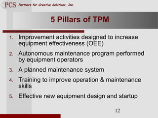 Page. 12
Partners for Creative Solutions, Inc.
12
5 Pillars of TPM
1. Improvement activities designed to increase
equipment effectiveness (OEE)
2. Autonomous maintenance program performed
by equipment operators
3. A planned maintenance system
4. Training to improve operation & maintenance
skills
5. Effective new equipment design and startup
 