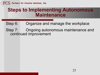 Page. 23
Partners for Creative Solutions, Inc.
23
Steps to Implementing Autonomous
Maintenance
Step 6: Organize and manage the workplace
Step 7: Ongoing autonomous maintenance and
continued improvement
 