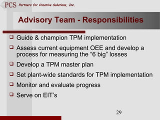 Page. 29
Partners for Creative Solutions, Inc.
29
Advisory Team - Responsibilities
 Guide & champion TPM implementation
 Assess current equipment OEE and develop a
process for measuring the “6 big” losses
 Develop a TPM master plan
 Set plant-wide standards for TPM implementation
 Monitor and evaluate progress
 Serve on EIT’s
 