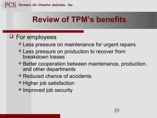 Page. 35
Partners for Creative Solutions, Inc.
35
Review of TPM’s benefits
 For employees
 Less pressure on maintenance for urgent repairs
 Less pressure on production to recover from
breakdown losses
 Better cooperation between maintenance, production,
and other departments
 Reduced chance of accidents
 Higher job satisfaction
 Improved job security
 