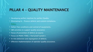 PILLAR 4 – QUALITY MAINTENANCE
• Developing perfect machine for perfect Quality.
• Eliminating In – Process defects and custom complaints.
• Policy :
• Defect free conditions and control of equipments.
• QM activities to support quality assurance.
• Focus of prevention of defects at source
• Focus on POKA-YOKE. ( fool proof system )
• In-line detection and segregation of defects.
• Effective implementation of operator quality assurance.
 