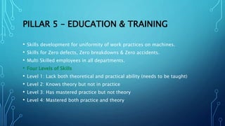 PILLAR 5 – EDUCATION & TRAINING
• Skills development for uniformity of work practices on machines.
• Skills for Zero defects, Zero breakdowns & Zero accidents.
• Multi Skilled employees in all departments.
• Four Levels of Skills
• Level 1: Lack both theoretical and practical ability (needs to be taught)
• Level 2: Knows theory but not in practice
• Level 3: Has mastered practice but not theory
• Level 4: Mastered both practice and theory
 