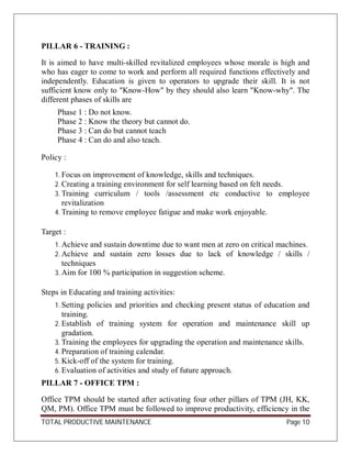 TOTAL PRODUCTIVE MAINTENANCE Page 10
PILLAR 6 - TRAINING :
It is aimed to have multi-skilled revitalized employees whose morale is high and
who has eager to come to work and perform all required functions effectively and
independently. Education is given to operators to upgrade their skill. It is not
sufficient know only to "Know-How" by they should also learn "Know-why". The
different phases of skills are
Phase 1 : Do not know.
Phase 2 : Know the theory but cannot do.
Phase 3 : Can do but cannot teach
Phase 4 : Can do and also teach.
Policy :
1. Focus on improvement of knowledge, skills and techniques.
2. Creating a training environment for self learning based on felt needs.
3. Training curriculum / tools /assessment etc conductive to employee
revitalization
4. Training to remove employee fatigue and make work enjoyable.
Target :
1. Achieve and sustain downtime due to want men at zero on critical machines.
2. Achieve and sustain zero losses due to lack of knowledge / skills /
techniques
3. Aim for 100 % participation in suggestion scheme.
Steps in Educating and training activities:
1. Setting policies and priorities and checking present status of education and
training.
2. Establish of training system for operation and maintenance skill up
gradation.
3. Training the employees for upgrading the operation and maintenance skills.
4. Preparation of training calendar.
5. Kick-off of the system for training.
6. Evaluation of activities and study of future approach.
PILLAR 7 - OFFICE TPM :
Office TPM should be started after activating four other pillars of TPM (JH, KK,
QM, PM). Office TPM must be followed to improve productivity, efficiency in the
 