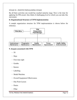 TOTAL PRODUCTIVE MAINTENANCE Page 13
STAGE D - INSTITUTIONALISING STAGE
By all there activities one would has reached maturity stage. Now is the time for
applying for PM award. Also think of challenging level to which you can take this
movement.
8. Organizational Structure of TPM Implementation
A sample organization structure for TPM implementation is shown below for
reference.
9. Jargons associated with TPM
・ 5S
・ Dojo
・ First time right
・ Gemba
・ Kaizen
・ Labelling
・ Model Machine
・ Overall Equipment Effectiveness
・ One Point Lesson
・ Pareto
・ Pillar
 