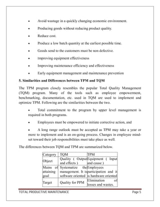 TOTAL PRODUCTIVE MAINTENANCE Page 5
 Avoid wastage in a quickly changing economic environment.
 Producing goods without reducing product quality.
 Reduce cost.
 Produce a low batch quantity at the earliest possible time.
 Goods send to the customers must be non defective.
 mproving equipment effectiveness
 Improving maintenance efficiency and effectiveness
 Early equipment management and maintenance prevention
5. Similarities and Differences between TPM and TQM
The TPM program closely resembles the popular Total Quality Management
(TQM) program. Many of the tools such as employee empowerment,
benchmarking, documentation, etc. used in TQM are used to implement and
optimize TPM. Following are the similarities between the two.
 Total commitment to the program by upper level management is
required in both programs.
 Employees must be empowered to initiate corrective action, and
 A long range outlook must be accepted as TPM may take a year or
more to implement and is an on-going process. Changes in employee mind-
set toward their job responsibilities must take place as well.
The differences between TQM and TPM are summarized below.
Category TQM TPM
Object
Quality ( Output
and effects )
Equipment ( Input
and cause )
Mains of
attaining
goal
Systematize the
management. It is
software oriented
Employees
participation and it
is hardware oriented
Target Quality for PPM
Elimination of
losses and wastes.
 