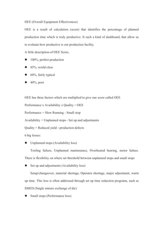 OEE (Overall Equipment Effectiveness)
OEE is a result of calculation (score) that identifies the percentage of planned
production time which is truly productive. It such a kind of dashboard, that allow us
to evaluate how productive is our production facility.
A little description of OEE Score,
 100%, perfect production
 85%, world class
 60%, fairly typical
 40%, poor
OEE has three factors which are multiplied to give one score called OEE
Performance x Availability x Quality = OEE
Performance = Slow Running - Small stop
Availability = Unplanned stops - Set up and adjustments
Quality = Reduced yield - production defects
6 big losses:
 Unplanned stops (Availability loss)
Tooling failure, Unplanned maintenance, Overheated bearing, motor failure.
There is flexibility on where set threshold between unplanned stops and small stops
 Set up and adjustments (Availability loss)
Setup/changeover, material shortage, Operator shortage, major adjustment, warm
up time. This loss is often addressed through set up time reduction programs, such as
SMED (Single minute exchange of die)
 Small stops (Performance loss)
 