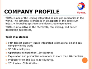 COMPANY PROFILE
TOTAL is one of the leading integrated oil and gas companies in the
world. The company is engaged in all aspects of the petroleum
industry, including upstream and downstream operations.
TOTAL is also active in the chemicals, coal mining, and power
generation businesses.


Total at a glance:

   Fifth largest publicly-traded integrated international oil and gas
    company in the world
   96 104 employees.
   Operations in more than 130 countries
   Exploration and production operations in more than 40 countries.
   Producer of oil and gas in 30 countries.
   2011 sales: €184.6 billion.
 