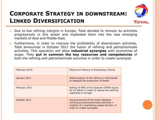 CORPORATE STRATEGY IN DOWNSTREAM:
LINKED DIVERSIFICATION
   Due to low refining margins in Europe, Total decided to remove its activities
    progressively in this sector and implanted them into the new emerging
    markets of Asia and Middle-East.
   Furthermore, in order to improve the profitability of downstream activities,
    Total announced in October 2011 the fusion of refining and petrochemicals
    activities. This operation will allow industrial synergies with economies of
    scope. They put in common the key resources and competencies of
    both the refining and petrochemicals activities in order to create synergies


     February 2010                    Closure of refinery in Dunkerque, France


     January 2011                     Modernization of the refinery in Normandie
                                      to readjust the production of diesel


     February 2011                    Selling of 48% of the Spanish CEPSA equity
                                      for $3 billion in order to reduce the refining
                                      capacities in Europe


     October 2011                     Announcement of the fusion between
                                      refining and petrochemicals activities +
                                      creation of a marketing-supply division, in
                                      order to create synergies
 