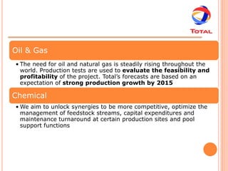 Oil & Gas
• The need for oil and natural gas is steadily rising throughout the
  world. Production tests are used to evaluate the feasibility and
  profitability of the project. Total’s forecasts are based on an
  expectation of strong production growth by 2015

Chemical
• We aim to unlock synergies to be more competitive, optimize the
  management of feedstock streams, capital expenditures and
  maintenance turnaround at certain production sites and pool
  support functions
 