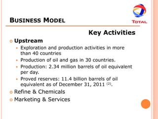 BUSINESS MODEL
                                    Key Activities
   Upstream
     Exploration and production activities in more
      than 40 countries
     Production of oil and gas in 30 countries.
     Production: 2.34 million barrels of oil equivalent
      per day.
     Proved reserves: 11.4 billion barrels of oil
      equivalent as of December 31, 2011 (2).
 Refine & Chemicals
 Marketing & Services
 