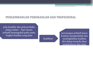 PENGEMBANGAN PERORANGAN DAN PROFESIONAL


pola berpikir dan pola perilaku
   hidup sehari – hari secara
pribadi berpangakal pada suatu                perorangan pribadi harus
   tingkat kualitas yang jelas                kontinu memperbaiki dan
                                  Implikasi    meningkatkan kualitas
                                               diri dalam konteks ilmu
                                               pengetahuan dan sains
 