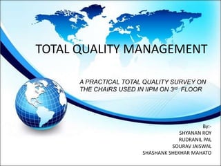 TOTAL QUALITY MANAGEMENT
A PRACTICAL TOTAL QUALITY SURVEY ON
THE CHAIRS USED IN IIPM ON 3rd FLOOR
By:-
SHYANAN ROY
RUDRANIL PAL
SOURAV JAISWAL
SHASHANK SHEKHAR MAHATO
 