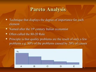 Pareto AnalysisPareto Analysis
 Technique that displays the degree of importance for eachTechnique that displays the degree of importance for each
elementelement
 Named after the 19Named after the 19thth
century Italian economistcentury Italian economist
 Often called the 80-20 RuleOften called the 80-20 Rule
 Principle is that quality problems are the result of only a fewPrinciple is that quality problems are the result of only a few
problems e.g. 80% of the problems caused by 20% of causesproblems e.g. 80% of the problems caused by 20% of causes
 