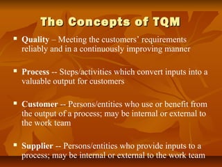 The Concepts of TQMThe Concepts of TQM
 Quality – Meeting the customers’ requirements
reliably and in a continuously improving manner
 Process -- Steps/activities which convert inputs into a
valuable output for customers
 Customer -- Persons/entities who use or benefit from
the output of a process; may be internal or external to
the work team
 Supplier -- Persons/entities who provide inputs to a
process; may be internal or external to the work team
 