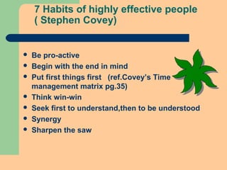 7 Habits of highly effective people
( Stephen Covey)
 Be pro-active
 Begin with the end in mind
 Put first things first (ref.Covey’s Time
management matrix pg.35)
 Think win-win
 Seek first to understand,then to be understood
 Synergy
 Sharpen the saw
 