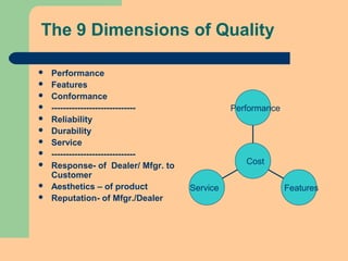 The 9 Dimensions of Quality
 Performance
 Features
 Conformance
 -----------------------------
 Reliability
 Durability
 Service
 -----------------------------
 Response- of Dealer/ Mfgr. to
Customer
 Aesthetics – of product
 Reputation- of Mfgr./Dealer
Service Features
Performance
Cost
 
