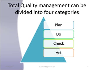 Total Quality management can be
divided into four categories
Plan
Do
Check
Act
24/09/2017 fousimohd76@gmail.com 6
 