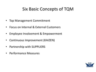 Six Basic Concepts of TQM
• Top Management Commitment
• Focus on Internal & External Customers
• Employee Involvement & Empowerment
• Continuous Improvement (KAIZEN)
• Partnership with SUPPLIERS
• Performance Measures
 
